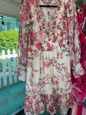 Fashion Nova Cream Floral Midi Dress with Pink Red Print